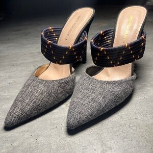 Stylish Gray Heels with Multicolor Straps